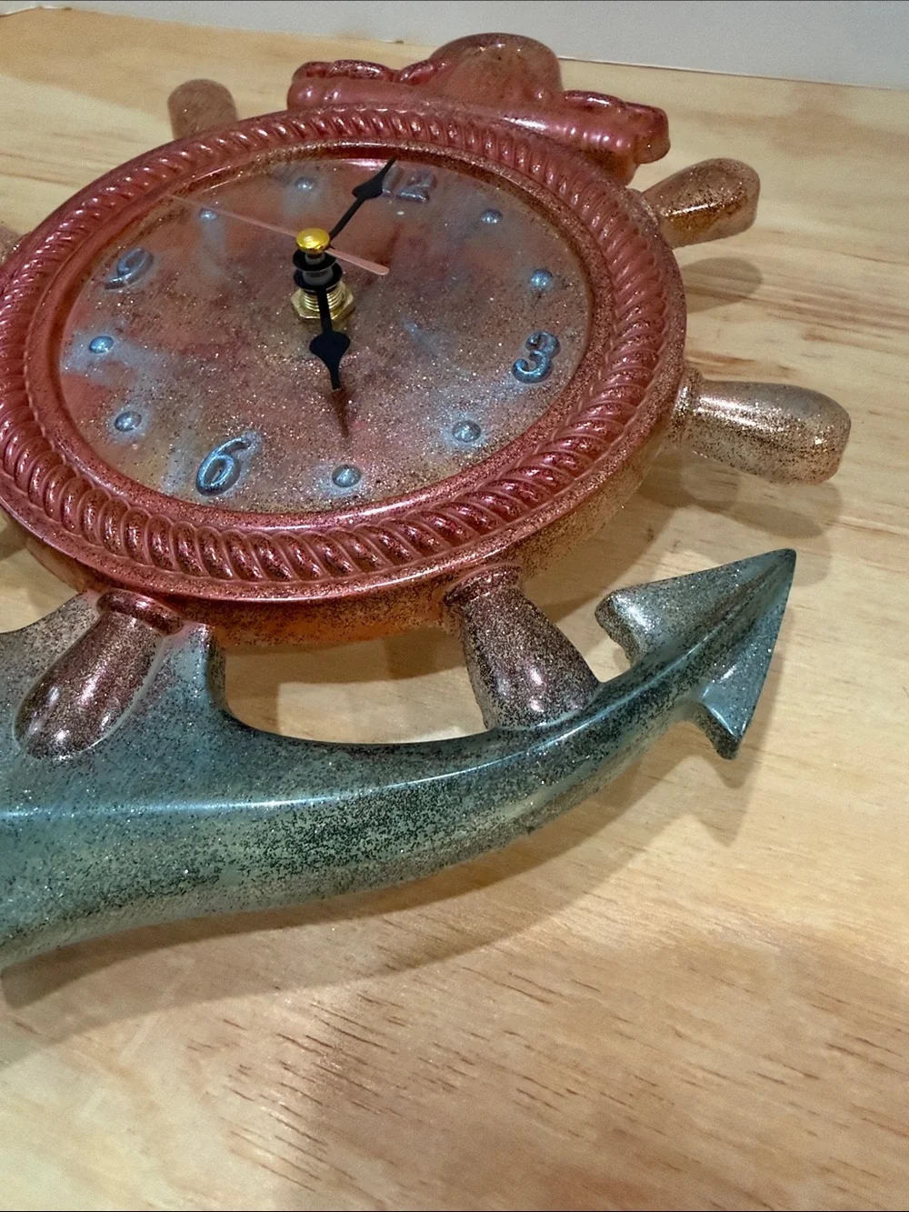 Coastal Ship Wheel Wall Clock in Copper and Teal